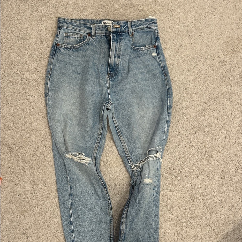 Zara High Rise Blue Distressed Jeans